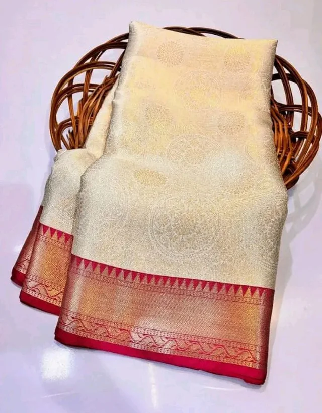 Traditional Kanchipuram Silk Saree, Off-White with Pink Border, Zari Woven Temple Design