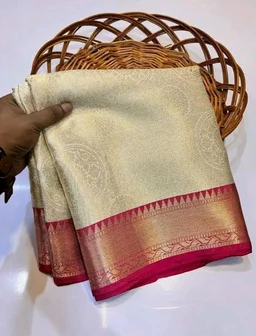 Traditional Kanchipuram Silk Saree, Off-White with Pink Border, Zari Woven Temple Design