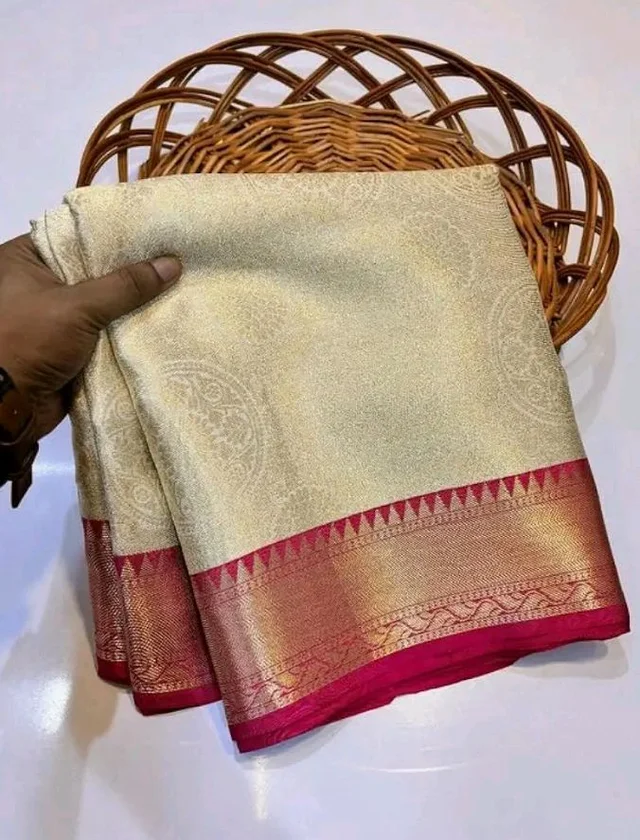 Traditional Kanchipuram Silk Saree, Off-White with Pink Border, Zari Woven Temple Design