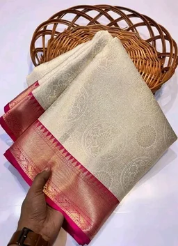 Traditional Kanchipuram Silk Saree, Off-White with Pink Border, Zari Woven Temple Design