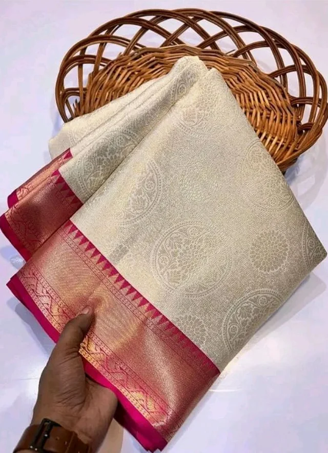 Traditional Kanchipuram Silk Saree, Off-White with Pink Border, Zari Woven Temple Design