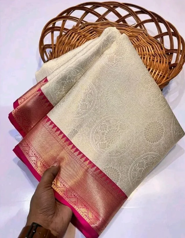 Traditional Kanchipuram Silk Saree, Off-White with Pink Border, Zari Woven Temple Design