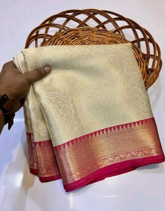 Traditional Kanchipuram Silk Saree, Off-White with Pink Border, Zari Woven Temple Design