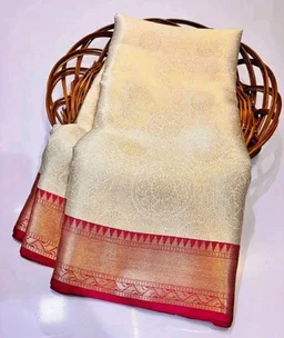 Traditional Kanchipuram Silk Saree, Off-White with Pink Border, Zari Woven Temple Design