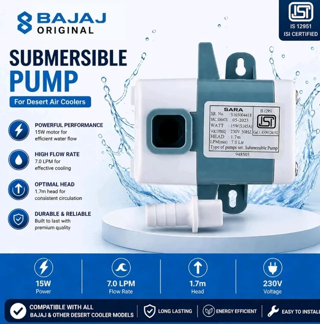 Bajaj Original Submersible Pump for Desert Air Coolers | High-Performance Water Pump | Compatible with All Bajaj & Other Desert Cooler Models 15W, 230V, 7.0 LPM Flow Rate, 1.7m Head, ISI Certified