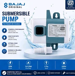 Bajaj Original Submersible Pump for Desert Air Coolers | High-Performance Water Pump | Compatible with All Bajaj & Other Desert Cooler Models 15W, 230V, 7.0 LPM Flow Rate, 1.7m Head, ISI Certified