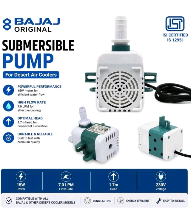 Bajaj Original Submersible Pump for Desert Air Coolers | High-Performance Water Pump | Compatible with All Bajaj & Other Desert Cooler Models 15W, 230V, 7.0 LPM Flow Rate, 1.7m Head, ISI Certified
