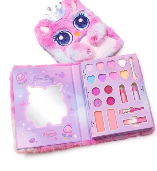 Princess by RENEE Dear Diary Makeup Kit For Kids & Preteens | With 8 Eyeshadows, 2 Blushers, 2 Lipsticks, 2 Lip Gloss Solid, 2 Glitter Gels, 3 Brushes | Dermatologically Tested, Easy To Wash | 1 Unit