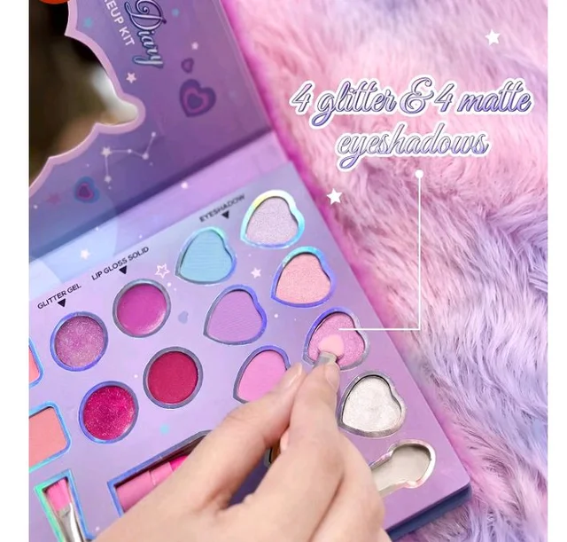 Princess by RENEE Dear Diary Makeup Kit For Kids & Preteens | With 8 Eyeshadows, 2 Blushers, 2 Lipsticks, 2 Lip Gloss Solid, 2 Glitter Gels, 3 Brushes | Dermatologically Tested, Easy To Wash | 1 Unit
