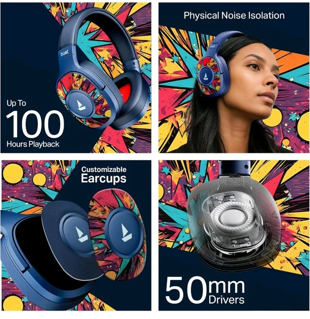 boAt Rockerz Plus 550, Customizable Earcups, 100H Battery, 50mm Drivers, Dual Pair, Stream Ad Free Music via App Support, Bluetooth Headphones, Wireless Headphone with Mic (Blue Psyche)
