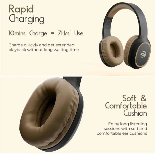 Zebronics Thunder (2026 Upgrade) Wireless Headphones, BT v6.0, True 60 hrs Playback, 40mm Drivers, ENC, Gaming Mode, Dual Pairing, AUX & microSD, Rapid Charging, Call Function (Brown)