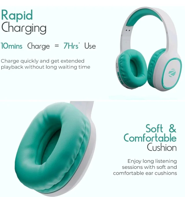 Zebronics Thunder (2026 Upgrade) Wireless Headphones, BT v6.0, True 60 hrs Playback, 40mm Drivers, ENC, Gaming Mode, Dual Pairing, AUX & microSD, Rapid Charging, Call Function (Sea Green)