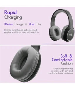 Zebronics Thunder (2026 Upgrade) Wireless Headphones, BT v6.0, True 60 hrs Playback, 40mm Drivers, ENC, Gaming Mode, Dual Pairing, AUX & microSD, Rapid Charging, Call Function (Black)