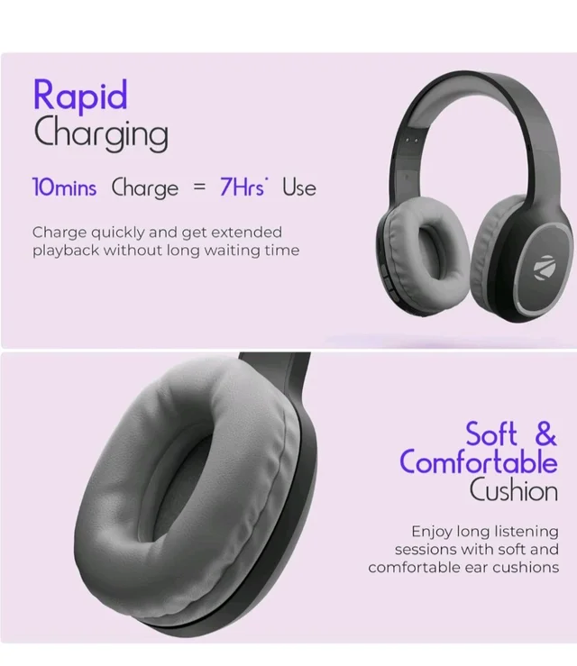 Zebronics Thunder (2026 Upgrade) Wireless Headphones, BT v6.0, True 60 hrs Playback, 40mm Drivers, ENC, Gaming Mode, Dual Pairing, AUX & microSD, Rapid Charging, Call Function (Black)