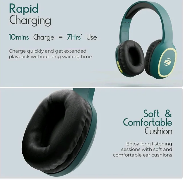 Zebronics Thunder (2026 Upgrade) Wireless Headphones, BT v6.0, True 60 hrs Playback, 40mm Drivers, ENC, Gaming Mode, Dual Pairing, AUX & microSD, Rapid Charging, Call Function (Teal Green)