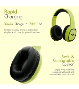 ZEBRONICS Thunder Bluetooth Wireless On Ear Headphone FM, mSD, 60hrs Playback with Mic (Neon Yellow)