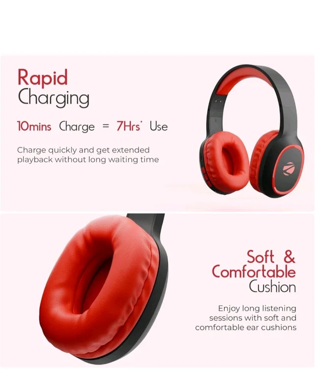 Zebronics Thunder (2026 Upgrade) Wireless Headphones, BT v6.0, True 60 hrs Playback, 40mm Drivers, ENC, Gaming Mode, Dual Pairing, AUX & microSD, Rapid Charging, Call Function (Red)