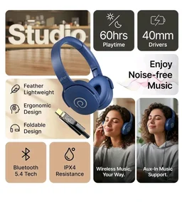 pTron Studio w/ 60Hrs Playtime, Wireless Over-Ear Headphones with HD Mic, Dual-Device Pairing, Immersive Sound, 40mm Drivers, BT5.4, 3.5mm Aux Port, TF Card Slot & Type-C Fast Charging (Blue)
500+ bought in past month