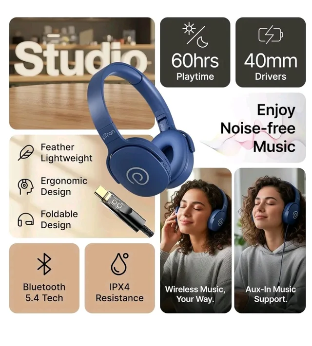 pTron Studio w/ 60Hrs Playtime, Wireless Over-Ear Headphones with HD Mic, Dual-Device Pairing, Immersive Sound, 40mm Drivers, BT5.4, 3.5mm Aux Port, TF Card Slot & Type-C Fast Charging (Blue)
500+ bought in past month