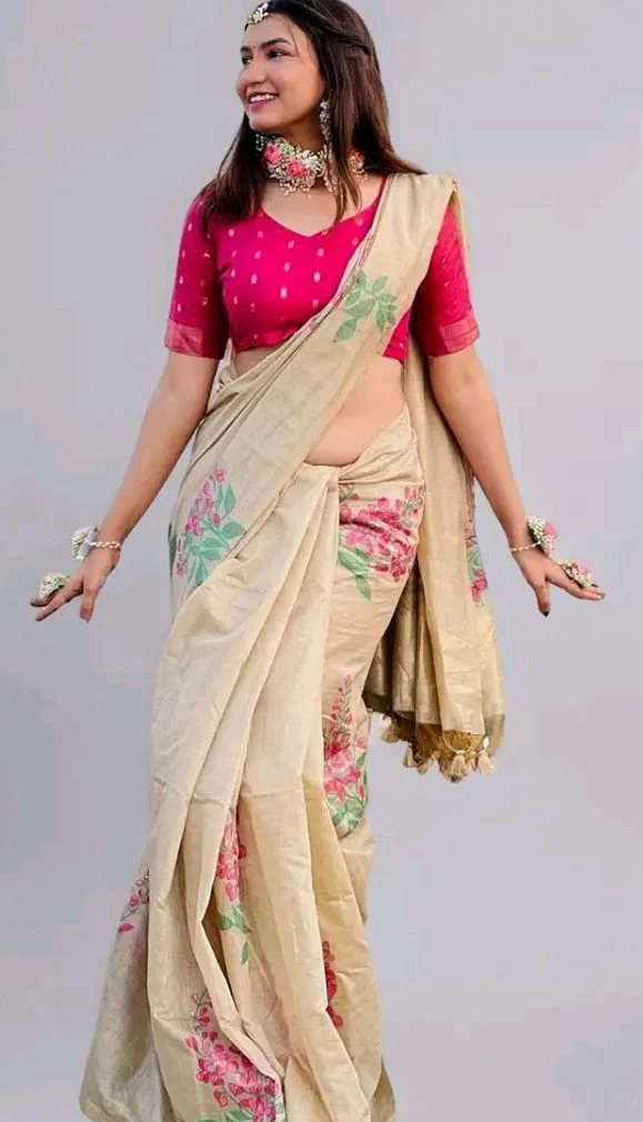 SGF11 Women's Kanjivaram Soft Cotton Linen Silk Saree With Blouse Piece