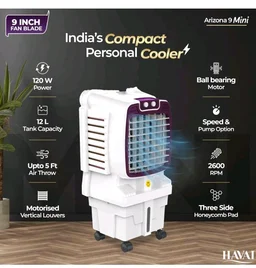 Havai Arizona 9 Mini Personal Air Cooler | India’s First 9-Inch Blade Cooler | 2600 RPM | 5 Ft Air Throw | 3-Side Honeycomb | 12L Tank | Motorised Louvers | 80W | Ideal for 50 Sq Ft