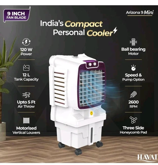 Havai Arizona 9 Mini Personal Air Cooler | India’s First 9-Inch Blade Cooler | 2600 RPM | 5 Ft Air Throw | 3-Side Honeycomb | 12L Tank | Motorised Louvers | 80W | Ideal for 50 Sq Ft