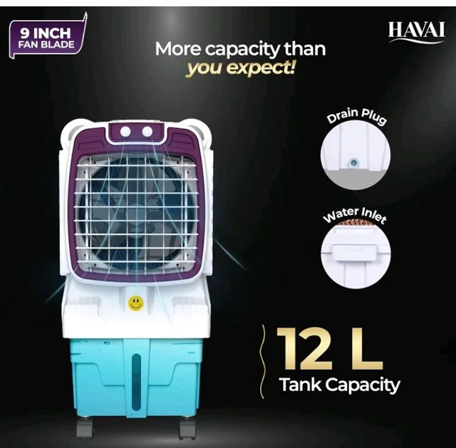 Havai Arizona 9 Mini Personal Air Cooler | India’s First 9-Inch Blade Cooler | 2600 RPM | 5 Ft Air Throw | 3-Side Honeycomb | 12L Tank | Motorised Louvers | 80W | Ideal for 50 Sq Ft