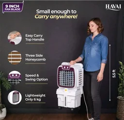 Havai Arizona 9 Mini Personal Air Cooler | India’s First 9-Inch Blade Cooler | 2600 RPM | 5 Ft Air Throw | 3-Side Honeycomb | 12L Tank | Motorised Louvers | 80W | Ideal for 50 Sq Ft