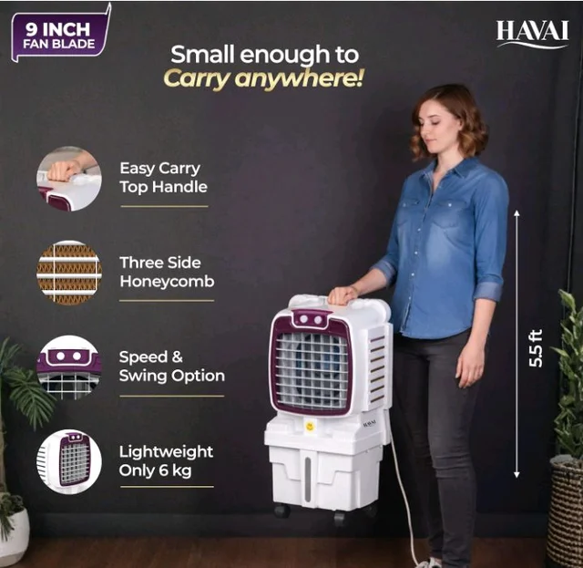 Havai Arizona 9 Mini Personal Air Cooler | India’s First 9-Inch Blade Cooler | 2600 RPM | 5 Ft Air Throw | 3-Side Honeycomb | 12L Tank | Motorised Louvers | 80W | Ideal for 50 Sq Ft