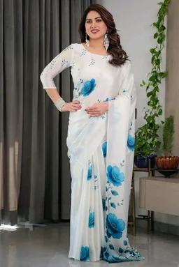 Satin Georgette Floral Printed Saree with Attached Blouse, 5.5 Meter Saree and 0.8 Meter Blouse (V SG 121-130 F)