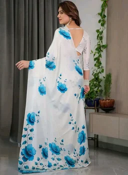 Satin Georgette Floral Printed Saree with Attached Blouse, 5.5 Meter Saree and 0.8 Meter Blouse (V SG 121-130 F)