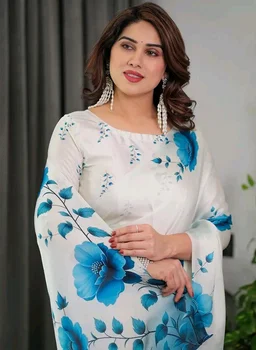 Satin Georgette Floral Printed Saree with Attached Blouse, 5.5 Meter Saree and 0.8 Meter Blouse (V SG 121-130 F)