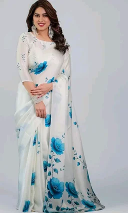 Satin Georgette Floral Printed Saree with Attached Blouse, 5.5 Meter Saree and 0.8 Meter Blouse (V SG 121-130 F)