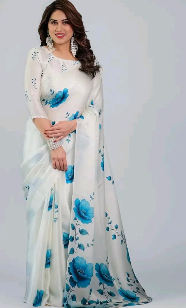 Satin Georgette Floral Printed Saree with Attached Blouse, 5.5 Meter Saree and 0.8 Meter Blouse (V SG 121-130 F)