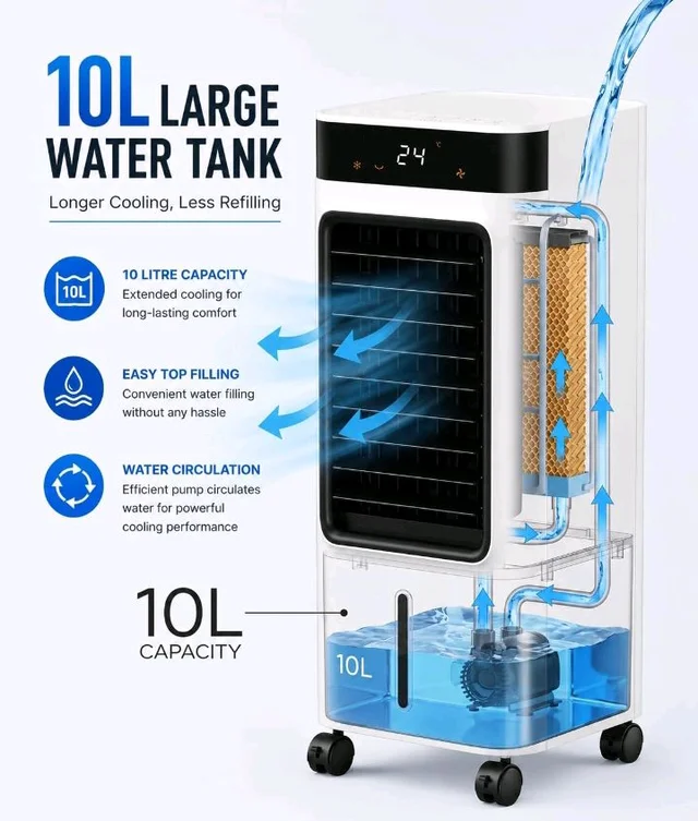WelTherm 2-in-1 Air Cooler & Heater with 10L Water Tank, Ice Crystal Boxes, Remote Control, Digital LED Touch Panel, 3 Speeds, Swing, 12H Timer & Ionizer, AW-Ultima