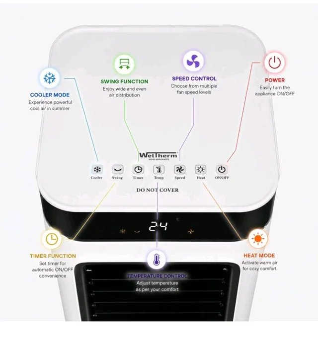 WelTherm 2-in-1 Air Cooler & Heater with 10L Water Tank, Ice Crystal Boxes, Remote Control, Digital LED Touch Panel, 3 Speeds, Swing, 12H Timer & Ionizer, AW-Ultima