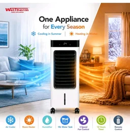 WelTherm 2-in-1 Air Cooler & Heater with 10L Water Tank, Ice Crystal Boxes, Remote Control, Digital LED Touch Panel, 3 Speeds, Swing, 12H Timer & Ionizer, AW-Ultima