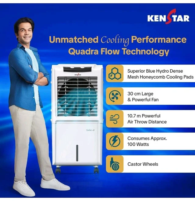 Kenstar TallDe HC 45 Personal Air Cooler 45L Honeycomb Pads High Speed Fan Inverter Compatible 5 Star BEE Rating 5 Year Comprehensive