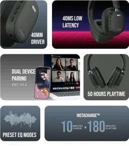 Noise Newly Launched Airwave Max 2 Wireless On-Ear Headphones with 50H Playtime, 40mm Drivers - Deep Bass, 3 Preset EQ Modes, 40m/s Low Latency, Dual Pairing,BT V5.3 (Bold Black)