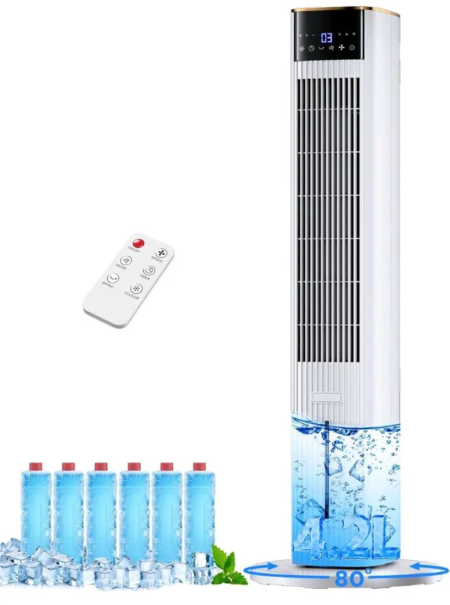 HIFRESH 107CM Tower Fans w/Cooling, Memory & Aroma Function, Remote & Touch Screen, 4 Modes & 3 Speeds,15H Timer, 4.2L Dual Tanks, 6 Ice Pack, 22Ft Air Throw, Low Power Consumption Tower Fan for
