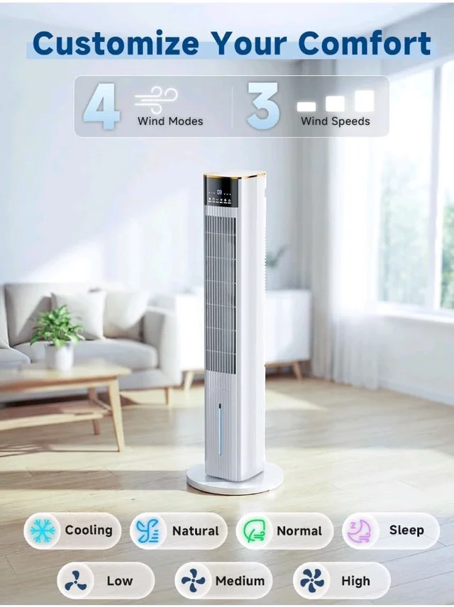 HIFRESH 107CM Tower Fans w/Cooling, Memory & Aroma Function, Remote & Touch Screen, 4 Modes & 3 Speeds,15H Timer, 4.2L Dual Tanks, 6 Ice Pack, 22Ft Air Throw, Low Power Consumption Tower Fan for