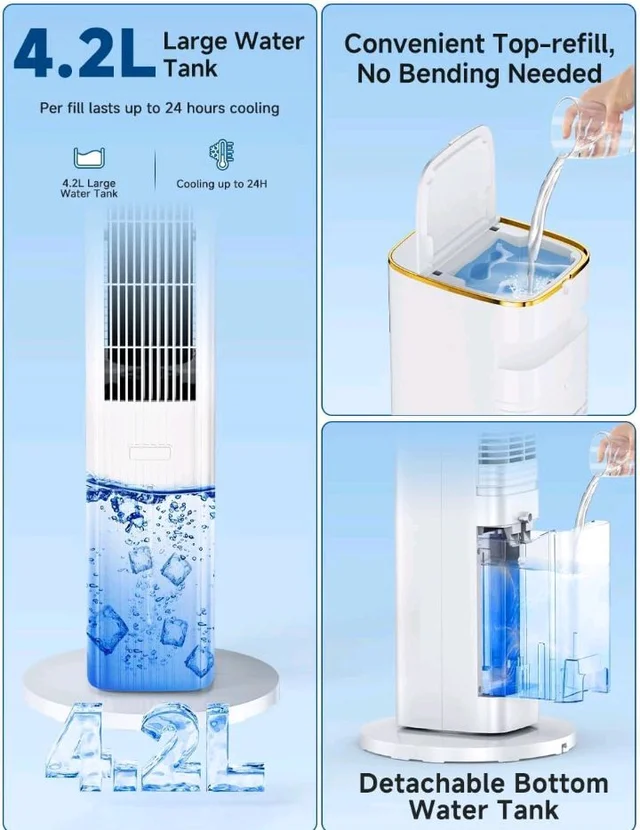 HIFRESH 107CM Tower Fans w/Cooling, Memory & Aroma Function, Remote & Touch Screen, 4 Modes & 3 Speeds,15H Timer, 4.2L Dual Tanks, 6 Ice Pack, 22Ft Air Throw, Low Power Consumption Tower Fan for