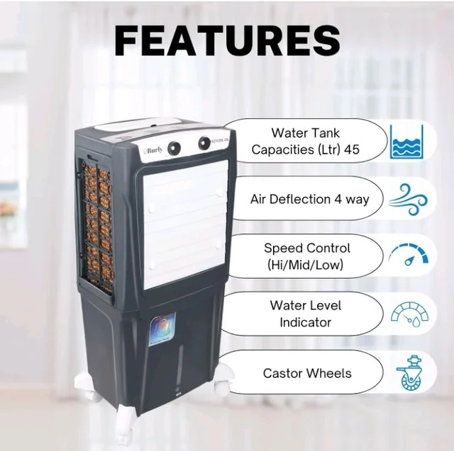 BHABURLY | Eazycool 45 L Room Personal Air Cooler | 4-Way Air Deflection | 2350 CMH Ice Chamber, Anti-Bacterial Honeycomb Pad, 3-Speed Control, Castor Wheels, Inverter Compatible, 200 sqft Floor