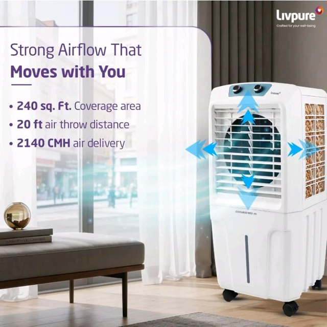 Livpure Coolbud Neo Personal Cooler 48L |240 Sq. Ft. Area Coverage| 20Ft. Poweful Air Throw| Inverter Compatible | Honeycomb Pads | 2 Yrs Motor Warranty & 1 Yr Comprehensive (White)
