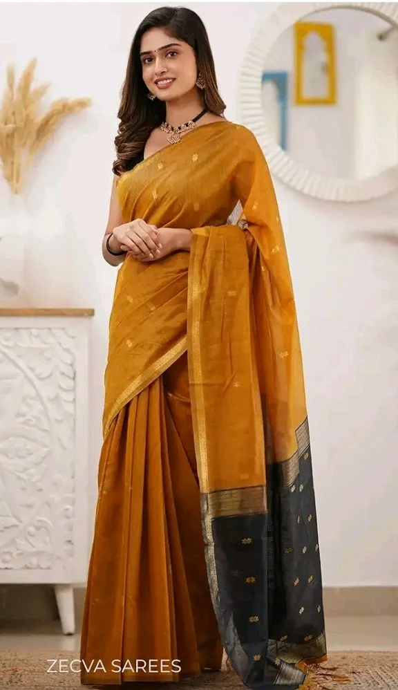 ZECVA Women's Pure Soft Spun Cotton Lichi Silk Saree For Women With Attach Unstitch Blouse Piece