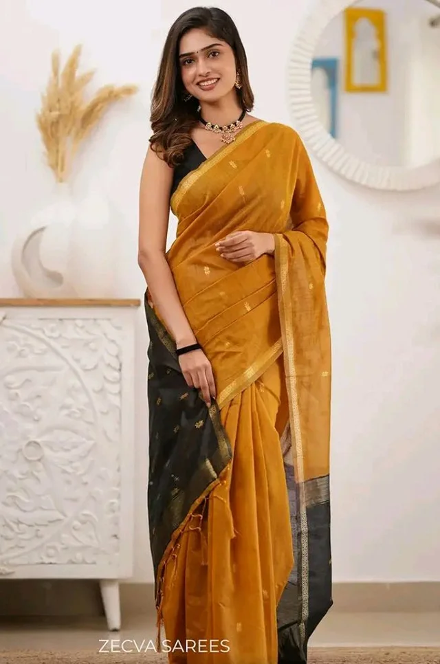 ZECVA Women's Pure Soft Spun Cotton Lichi Silk Saree For Women With Attach Unstitch Blouse Piece