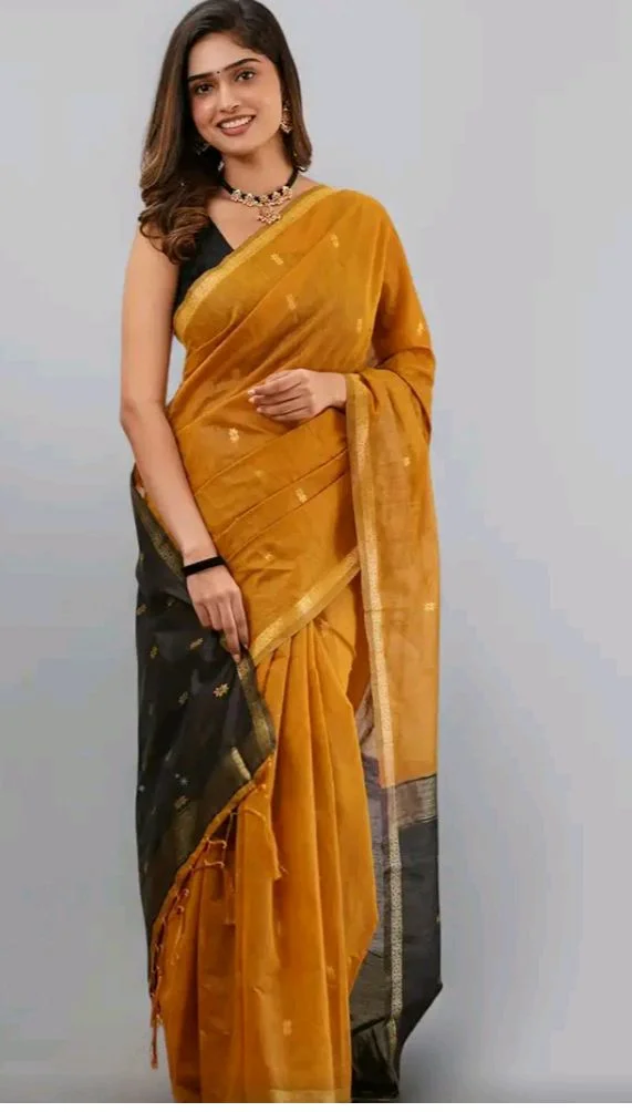 ZECVA Women's Pure Soft Spun Cotton Lichi Silk Saree For Women With Attach Unstitch Blouse Piece