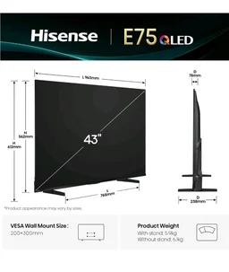 Hisense 108 cm (43 Inches) 4K Ultra HD Smart Hi-QLED TV | 48W Speakers | Dolby Atmos & HDR10+ | Cricket Mode | World Fastest TV OS - VIDAA | 43E75Q (Black)
Amazon's Choice