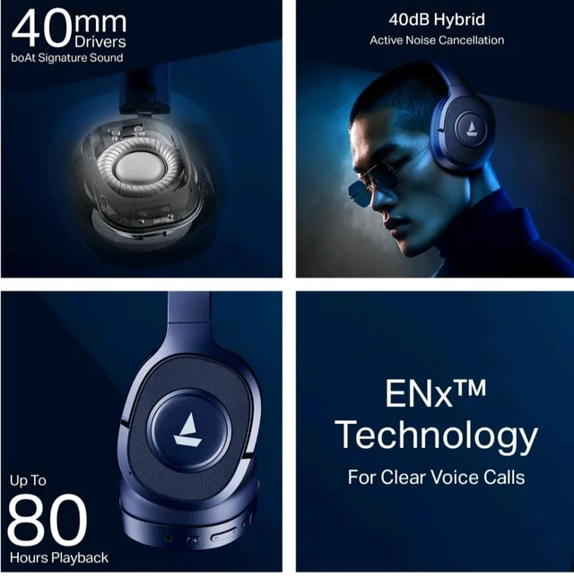 boAt Rockerz Plus 550 ANC, (~40dB) Hybrid ANC, 80Hrs Playback, 40ms Low Latency Beast Mode, 40mm Drivers, BT v5.4, Bluetooth Headphones, Wireless Headphone with Mic (Bold Blue)