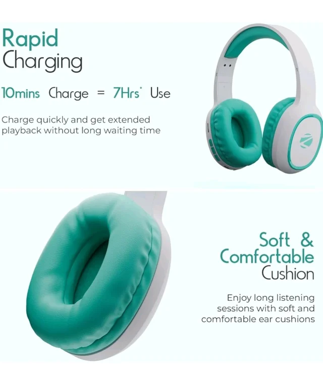 Zebronics Thunder (2026 Upgrade) Wireless Headphones, BT v6.0, True 60 hrs Playback, 40mm Drivers, ENC, Gaming Mode, Dual Pairing, AUX & microSD, Rapid Charging, Call Function (Sea Green)